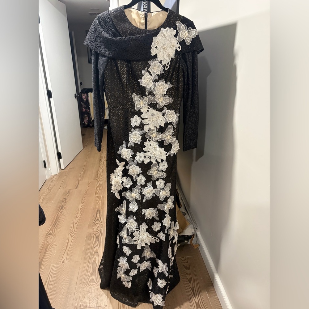 Miri Black Evening Wedding Dress with White Floral Appliqué